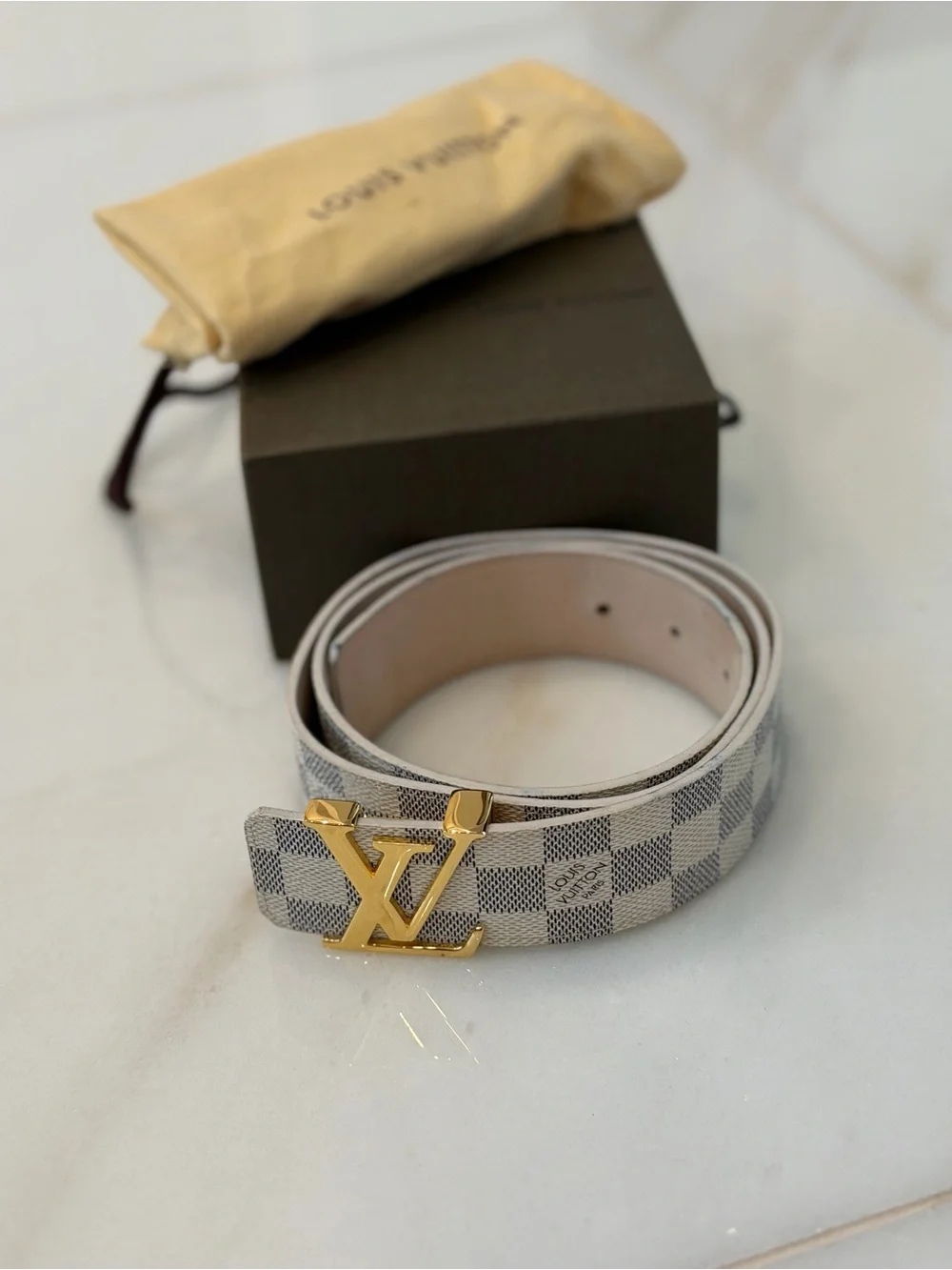 Louis Vuitton Damier Azur Canvas Belt with Gold LV Buckle - White/Gold